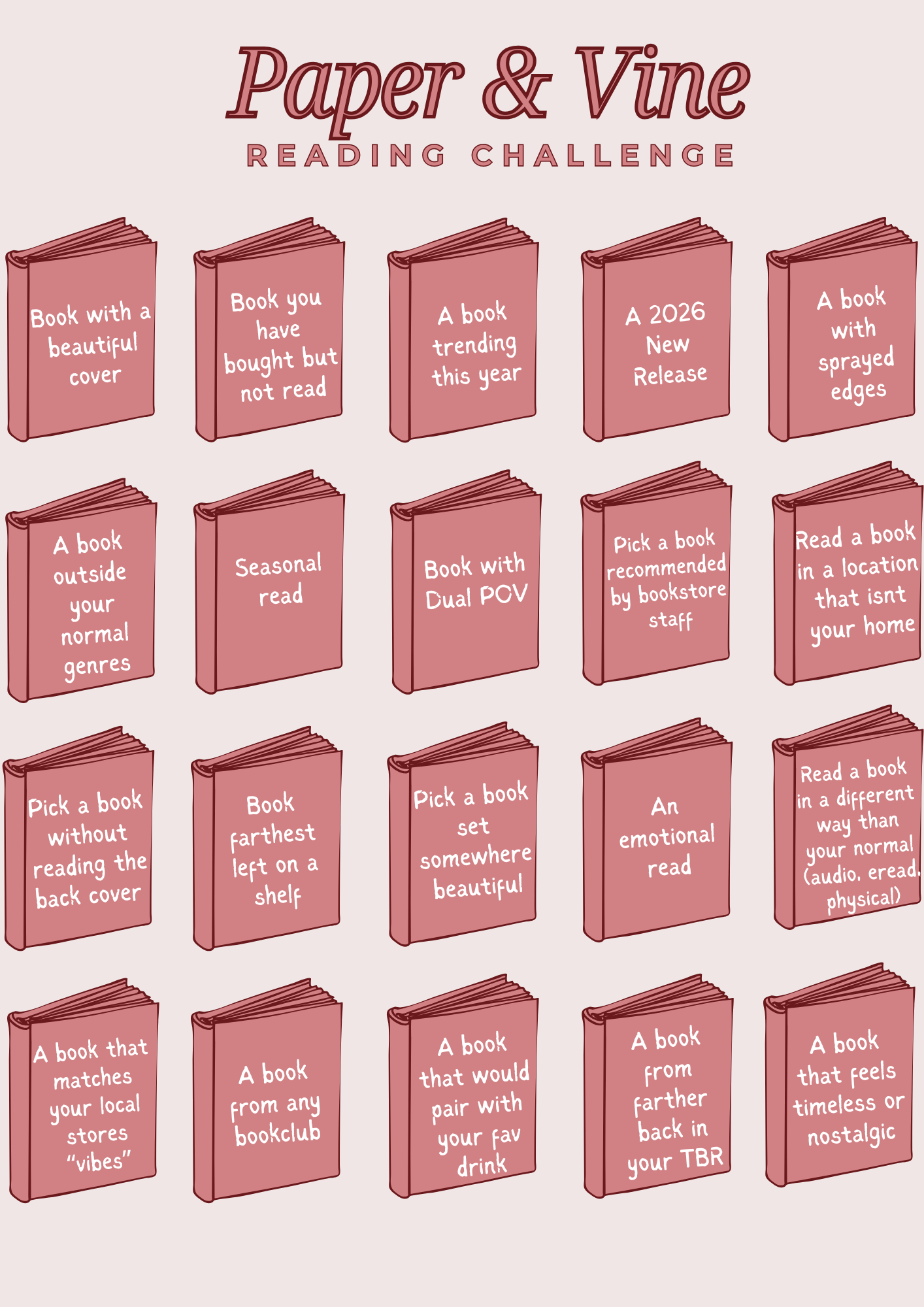 decorative and printable reading challenge page. all the info in this image is below.