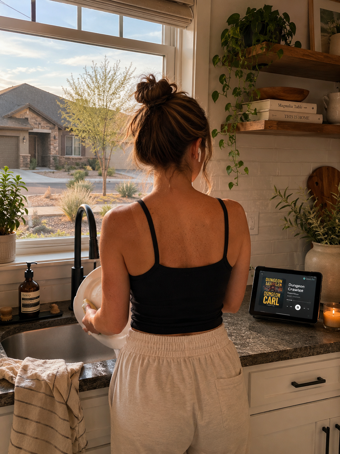 Photo of listening while doing dishes