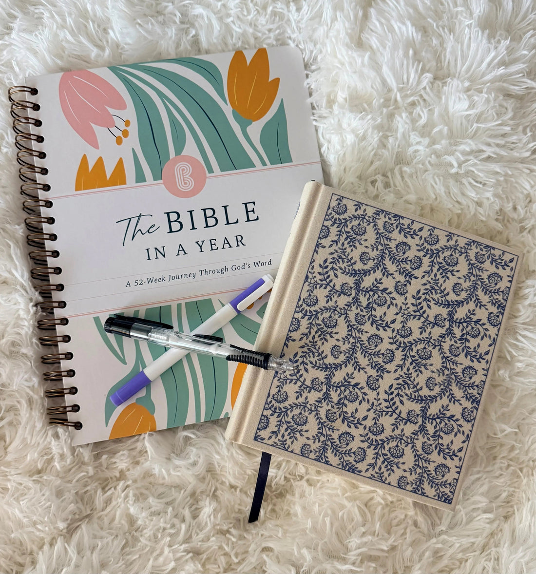 picture of a bible and The Spiral Bible on the bed