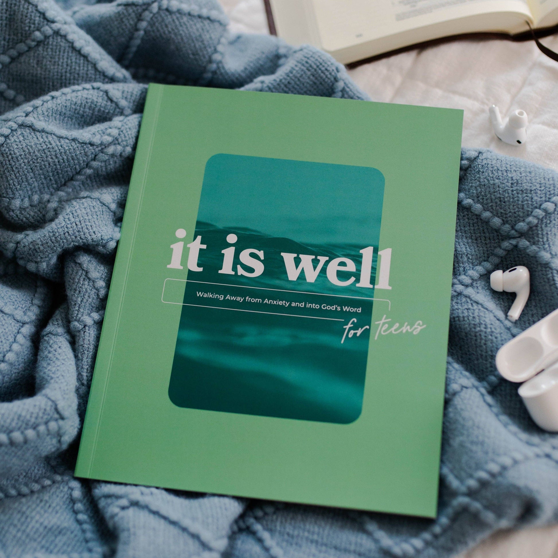 Teen self-help book "It Is Well for Teens" with inspirational quotes, softcover, blue and green design
