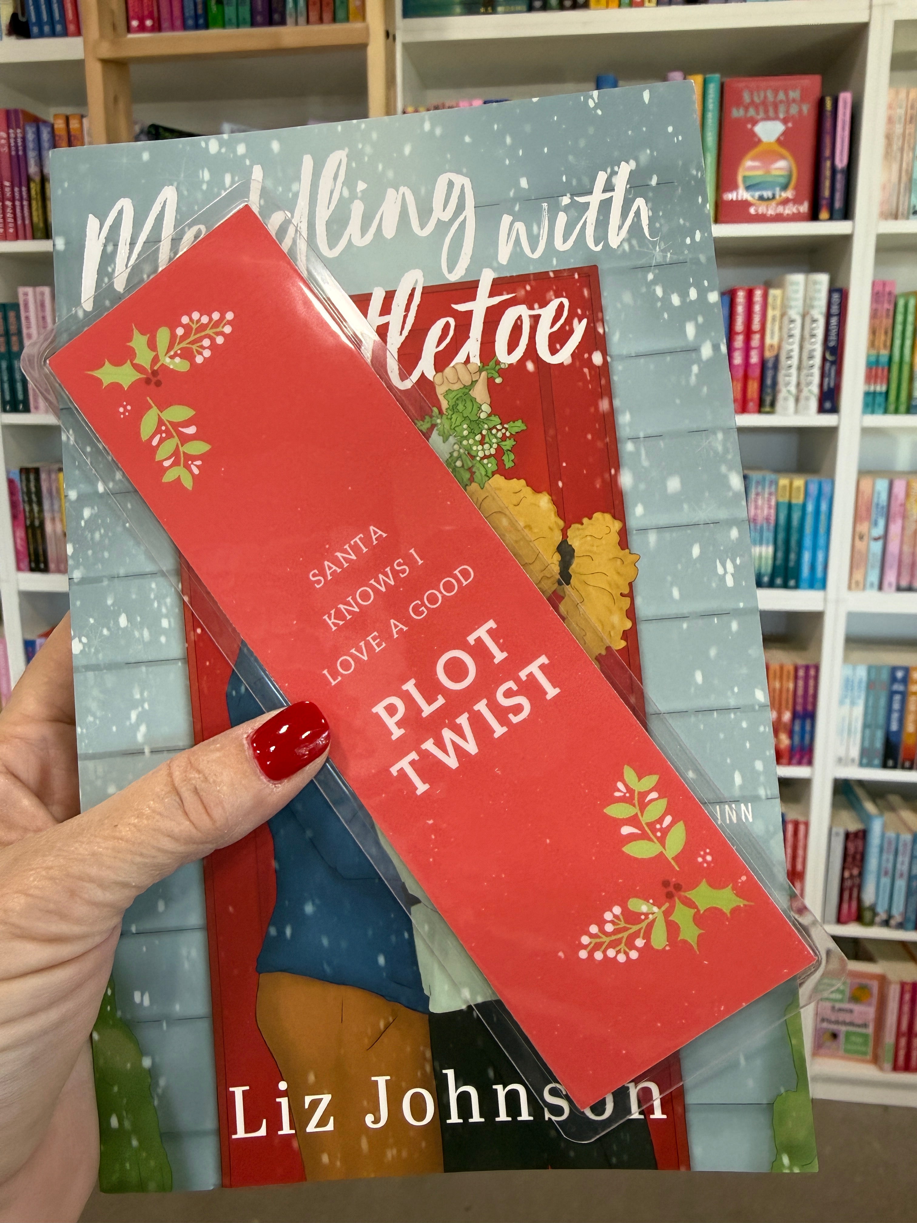 Christmas-themed Santa Knows I Love a Good Plot Twist Bookmark, red and white, perfect gift for book lovers