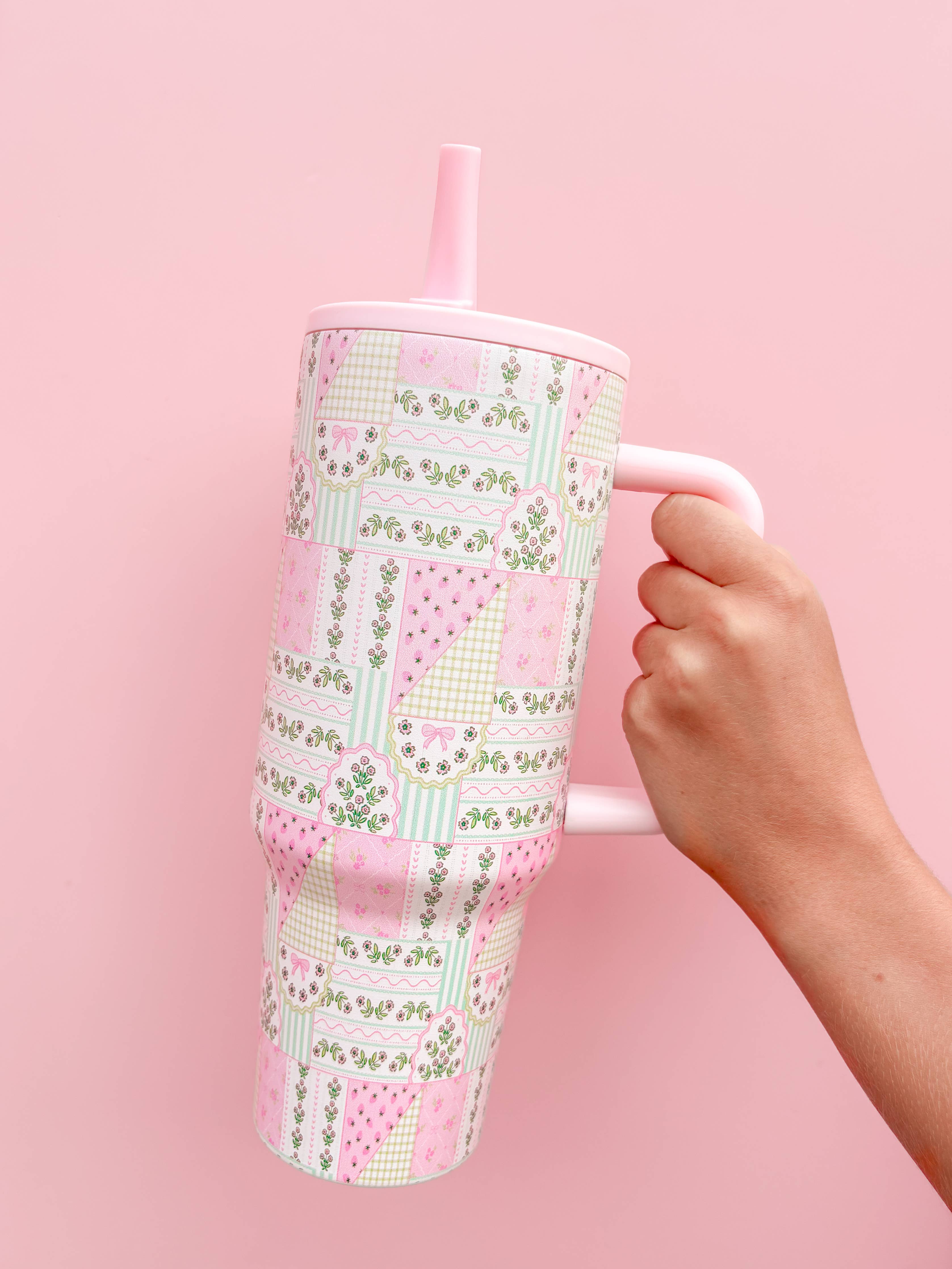 Buy Floral Patchwork 40oz Tumbler with Spill Proof Lid and Flip Straw, colorful, durable stainless steel for on-the-go hyd...