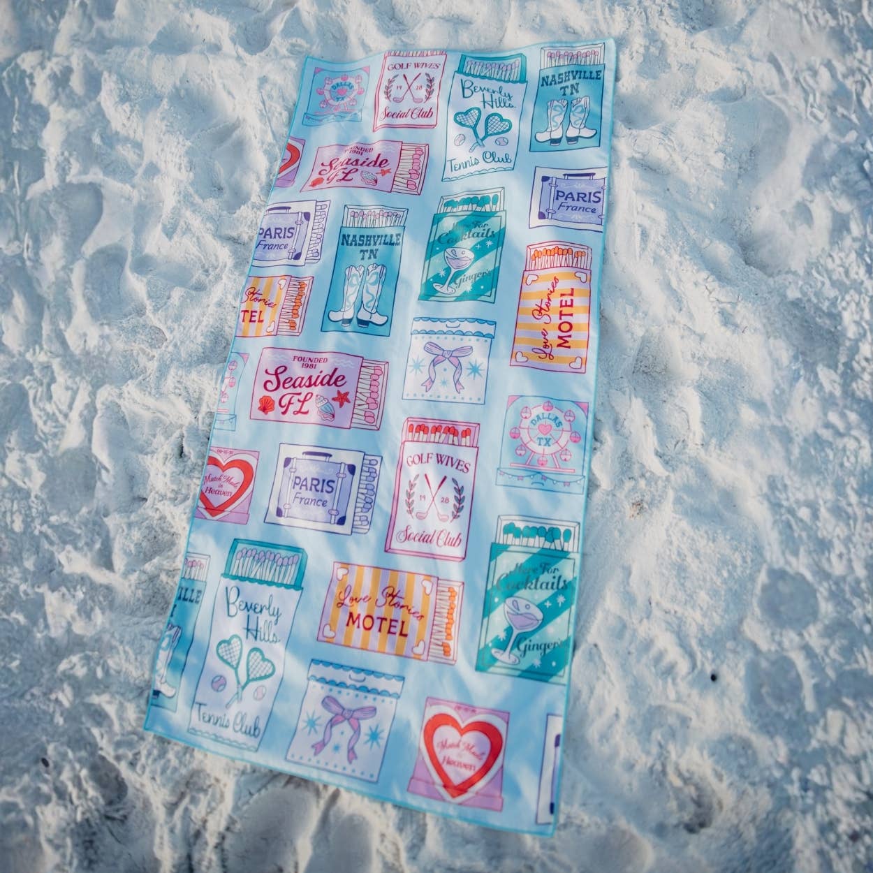 Traveling Matchbook Reversible Beach Towel: Light Blue - Paper & Vine Book Bar