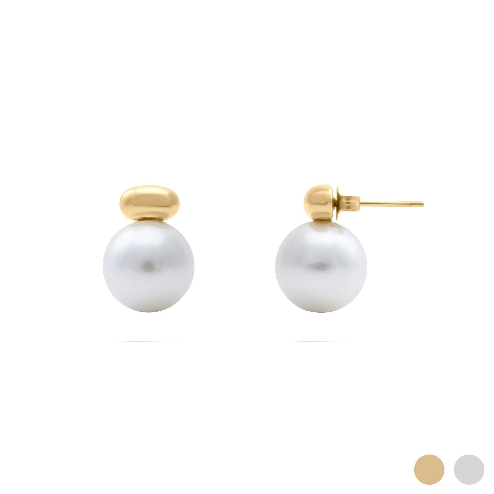 18K Gold PVD Stainless Steel 12mm glass Pearl Stud Earrings: Gold