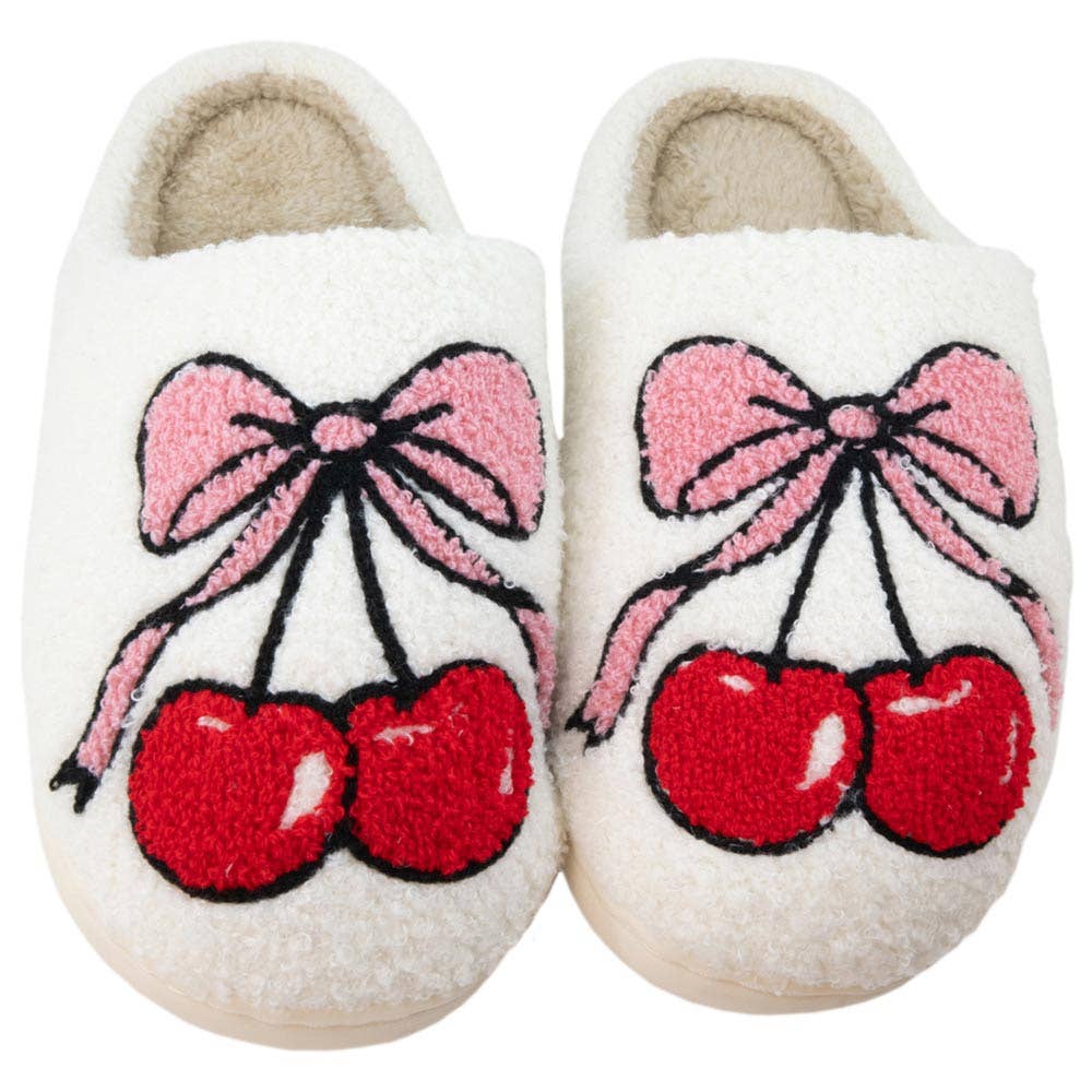 Cherry Bow Fuzzy Valentine's Slippers for Women: cozy plush indoor footwear with warm, soft lining and red bow