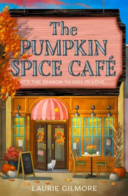 The Pumpkin Spice Café storefront with cozy autumn vibe, warm lighting, pumpkin spice latte menu signage.