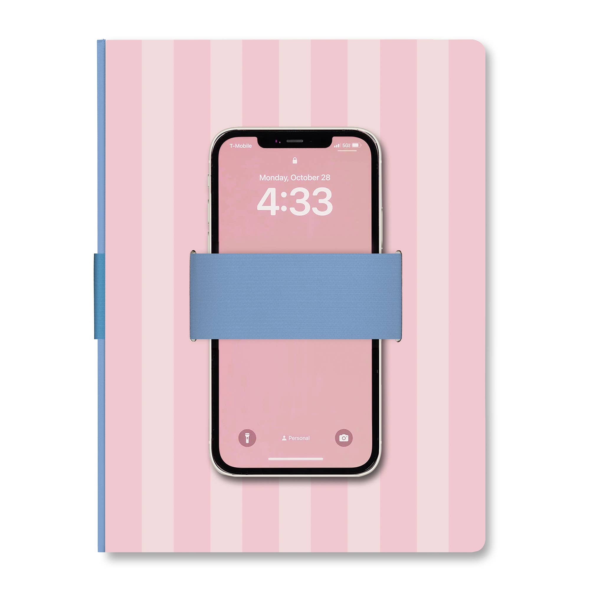 Spiral-bound Pink Stripes Casey Notebook with Phone Loop, A5 size, durable hardcover, ideal for students and professionals