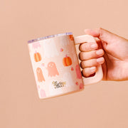 14 oz Insulated Mug-Ghost Party with spill-proof lid, stainless steel, black and white, perfect for Halloween enthusiasts