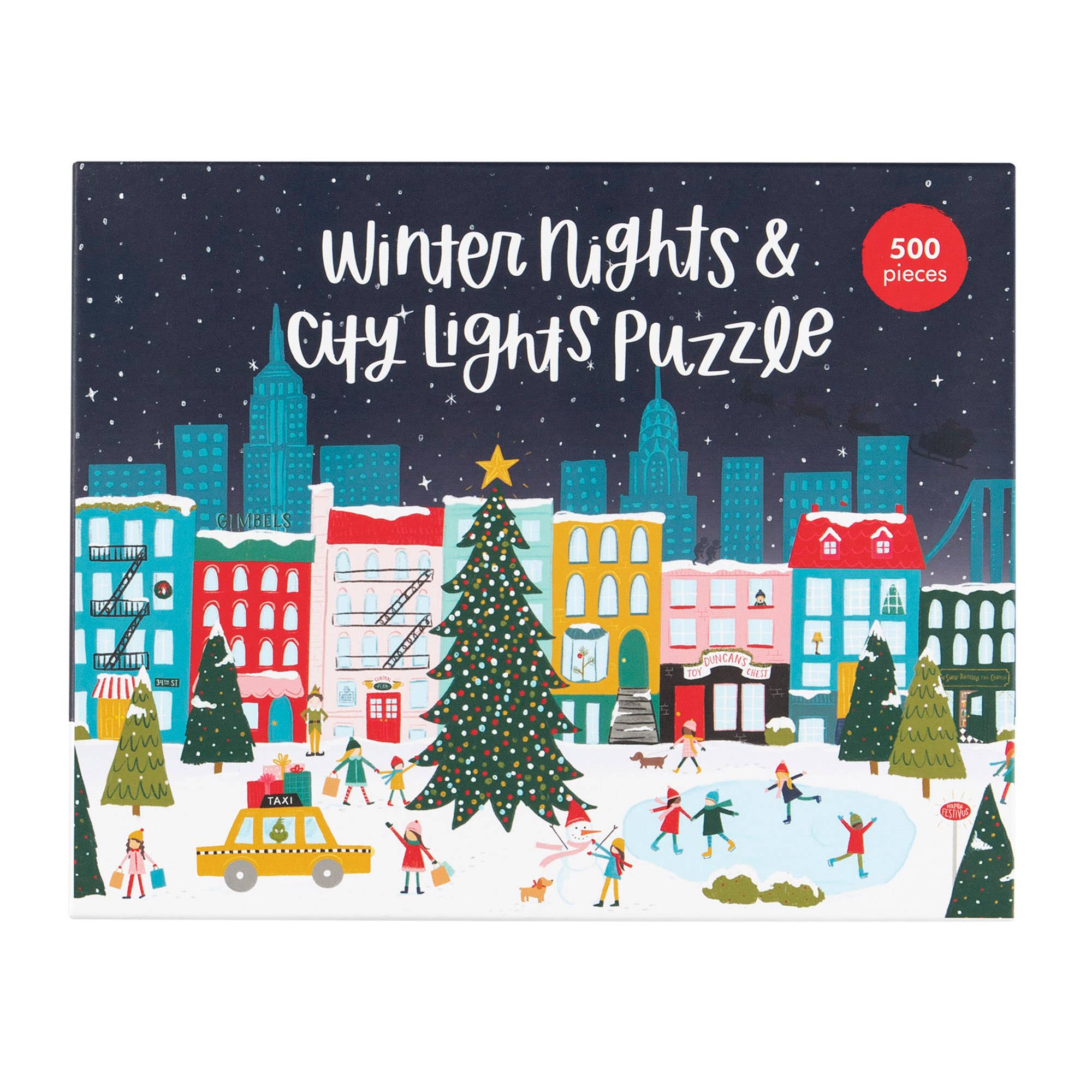 500 Piece Jigsaw Puzzle "Winter Nights & City Lights" featuring vibrant cityscape, perfect for puzzle enthusiasts