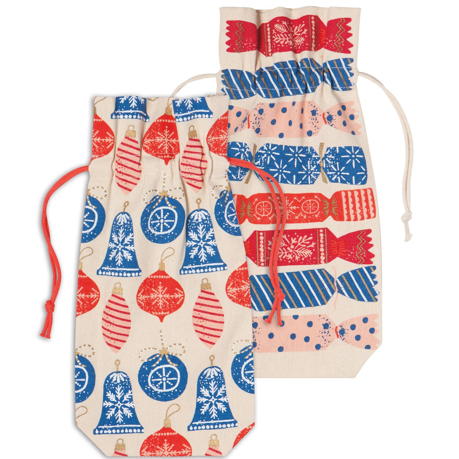 Christmas Charms Wine Bags Set of 2, red velvet with gold drawstrings, perfect for holiday gifting