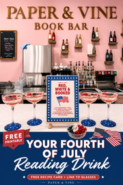 Promotional poster for Paper & Vine Book Bar with cocktails and drink recipe card on a bar counter.