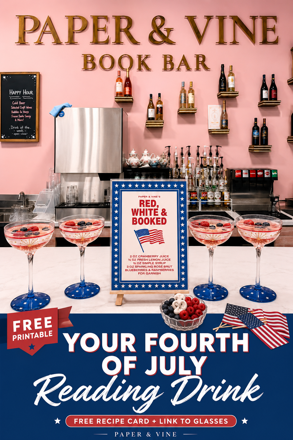 Promotional poster for Paper & Vine Book Bar with cocktails and drink recipe card on a bar counter.