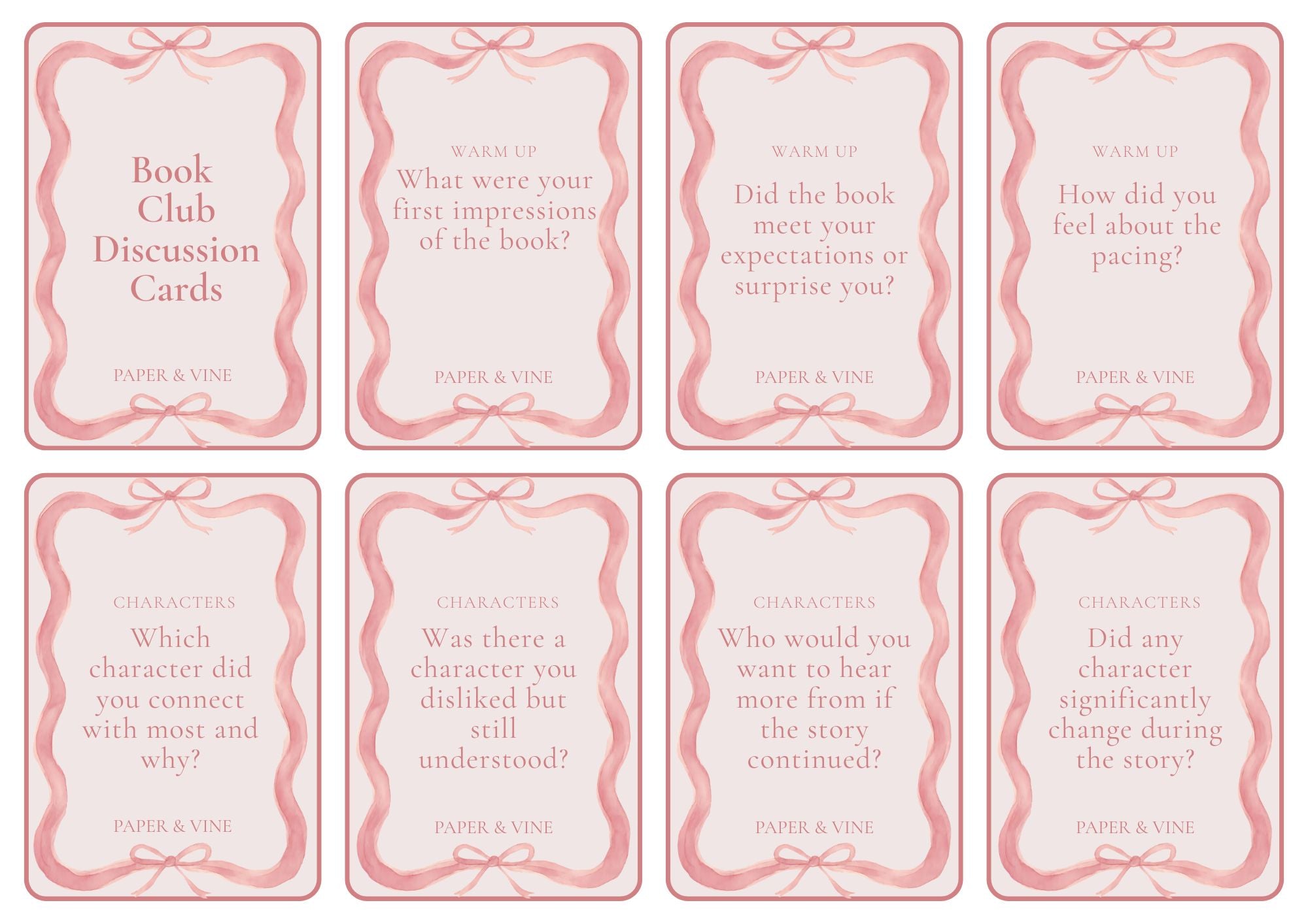 Paper & Vine Book Club Discussion Cards | Digital Download