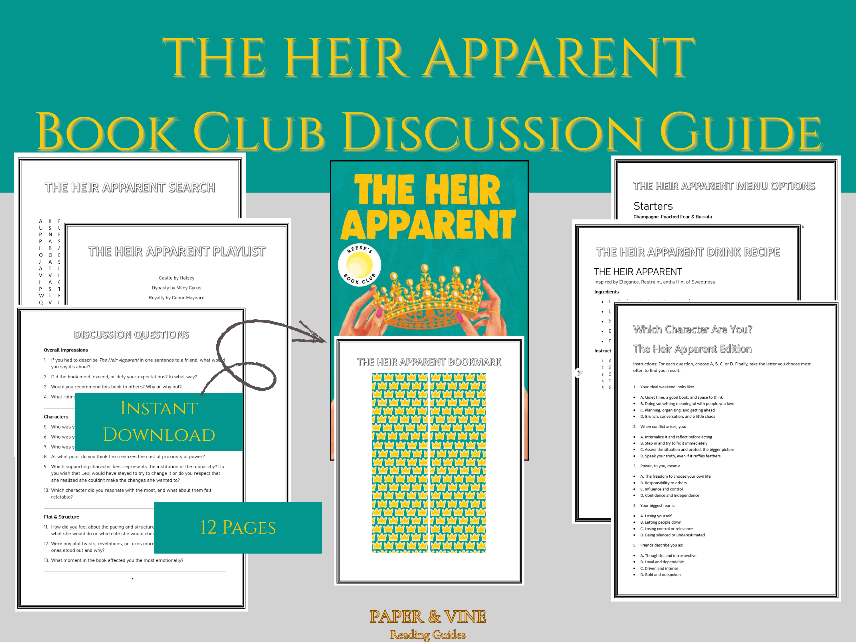 Book club discussion guide "The Heir Apparent: Book Club Guide Printables" with engaging questions and themes