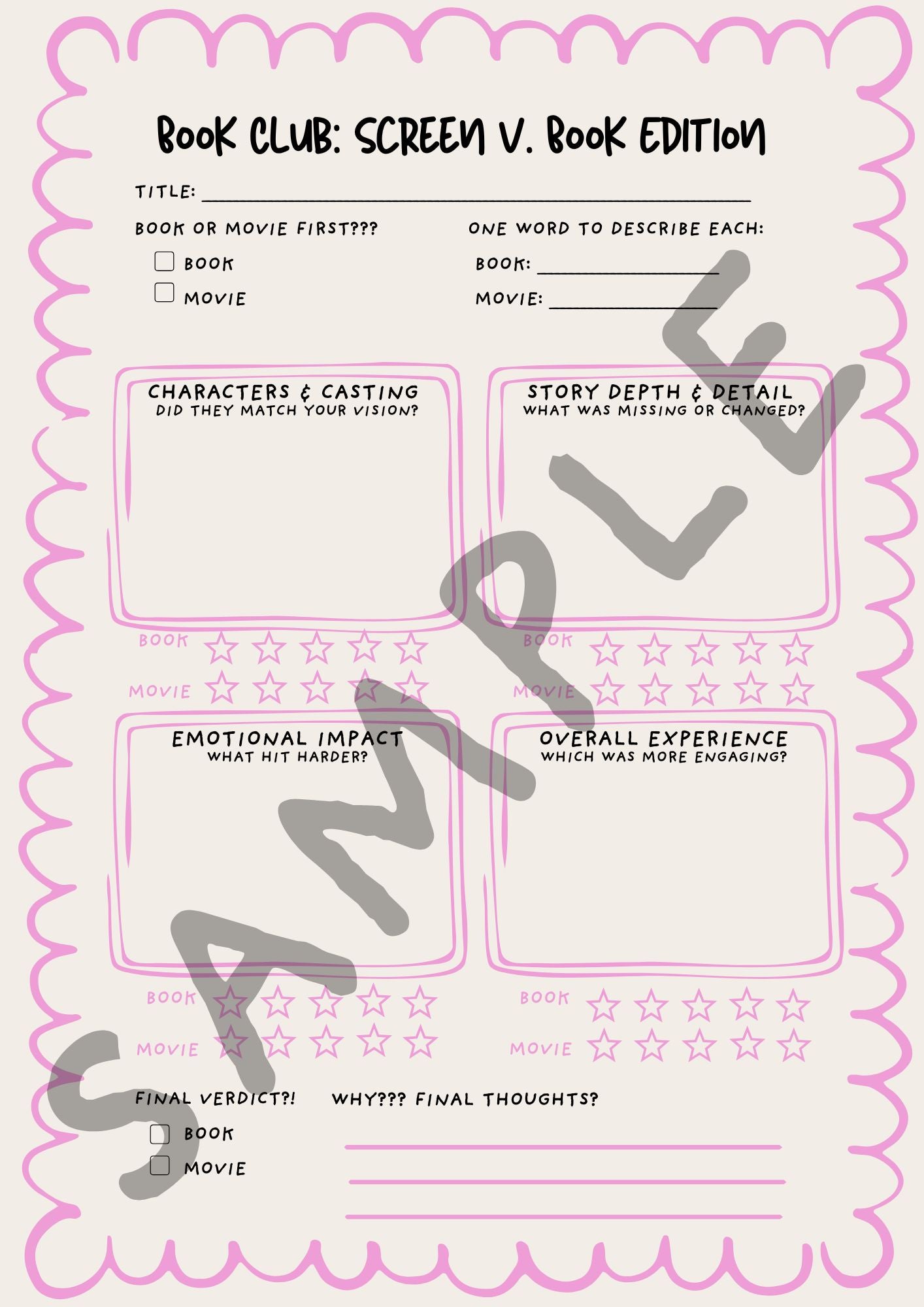Book Club: Screen v Book Edition (Printable) - Paper & Vine Book Bar