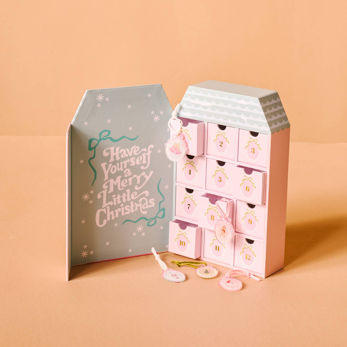 Coquette Christmas Ornament Advent Calendar with 24 unique, hand-painted mini ornaments for festive holiday decor
