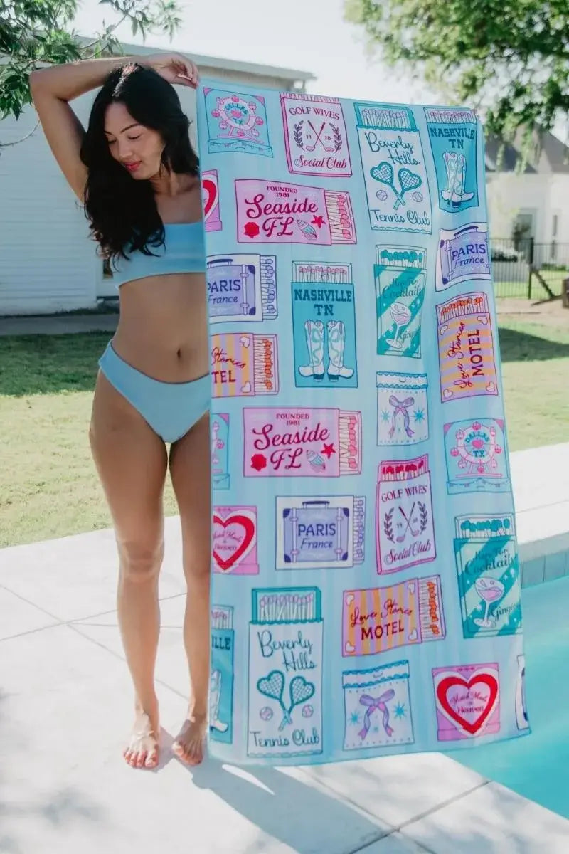 Traveling Matchbook Reversible Beach Towel: Light Blue - Paper & Vine Book Bar