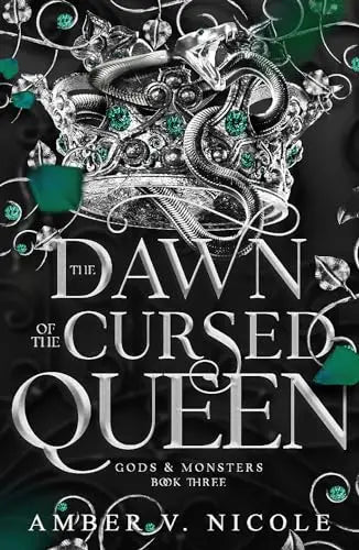 The Dawn of the Cursed Queen — epic fantasy novel cover with a crowned queen amid dawn light, dark magic and prophecy.
