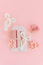 Pink Bow and Checkered Claw Hair Clip Set