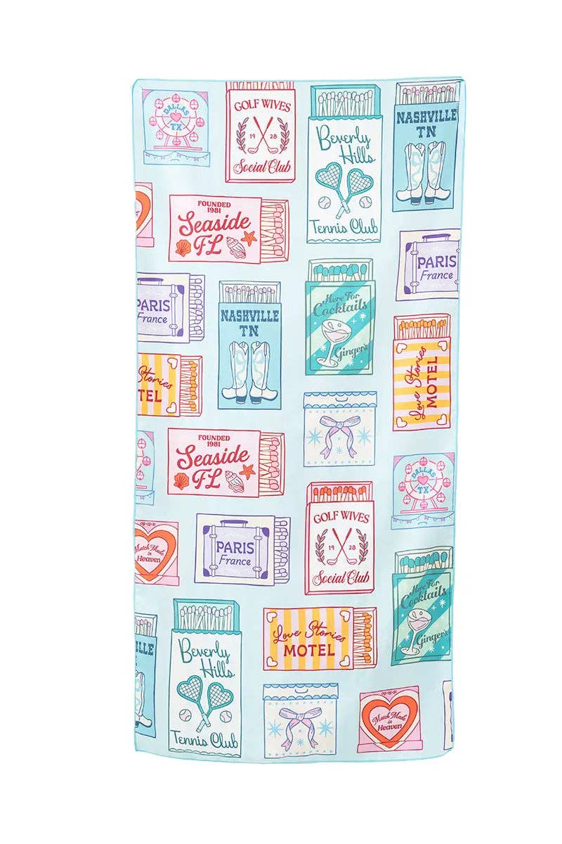 Traveling Matchbook Reversible Beach Towel: Light Blue - Paper & Vine Book Bar