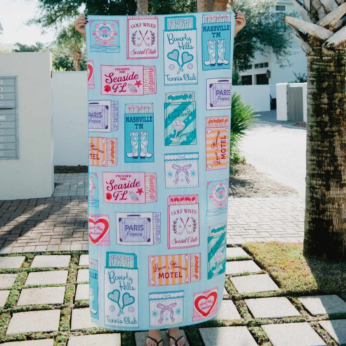 Traveling Matchbook Reversible Beach Towel: Light Blue - Paper & Vine Book Bar