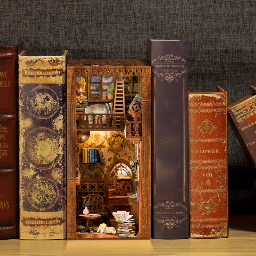 DIY Book Nook Kit: Eternal Bookstore with Dust Cover, intricate wooden model, gift for craft lovers, easy assembly