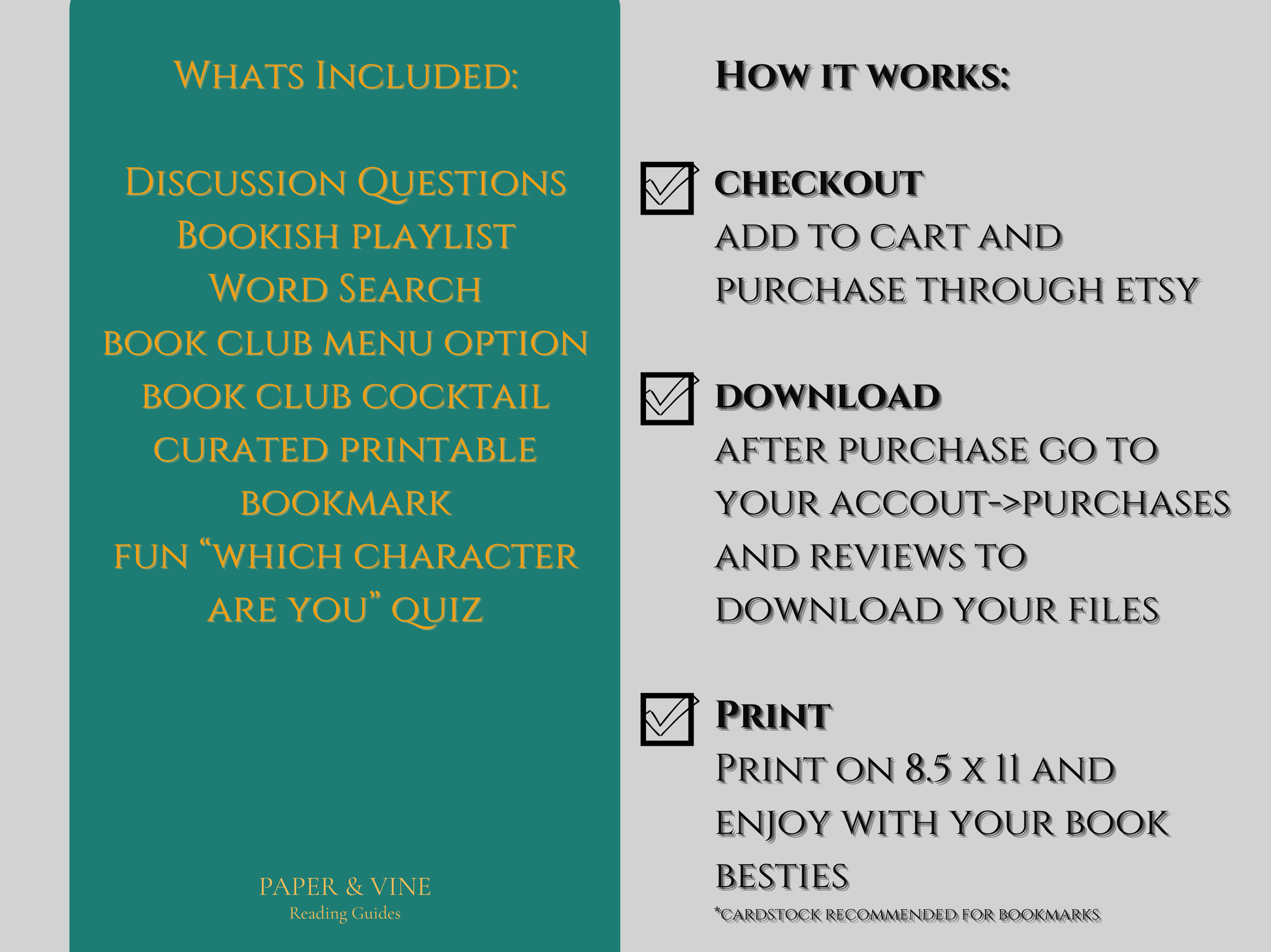 Book Club Guide Printables for "The Missing Half" featuring discussion questions and activities in PDF format
