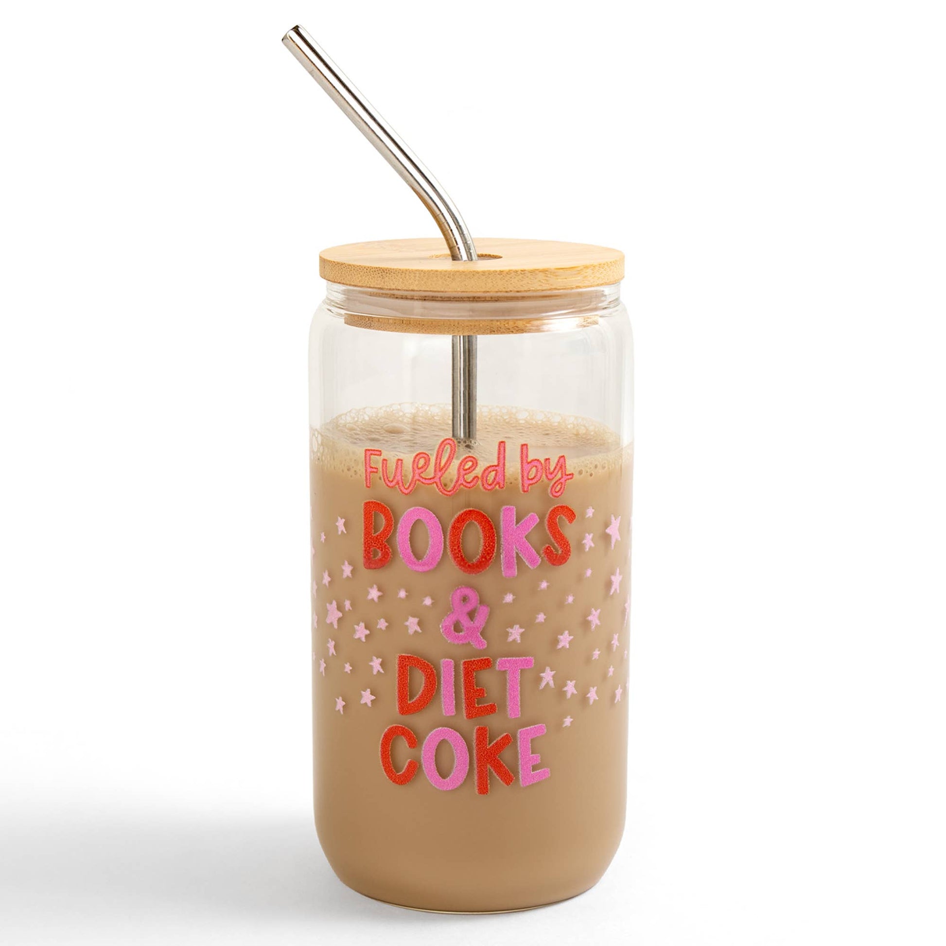 Fueled By Books And Diet Coke Glass Can, clear 16oz, literary-themed drinkware for avid readers and soda lovers