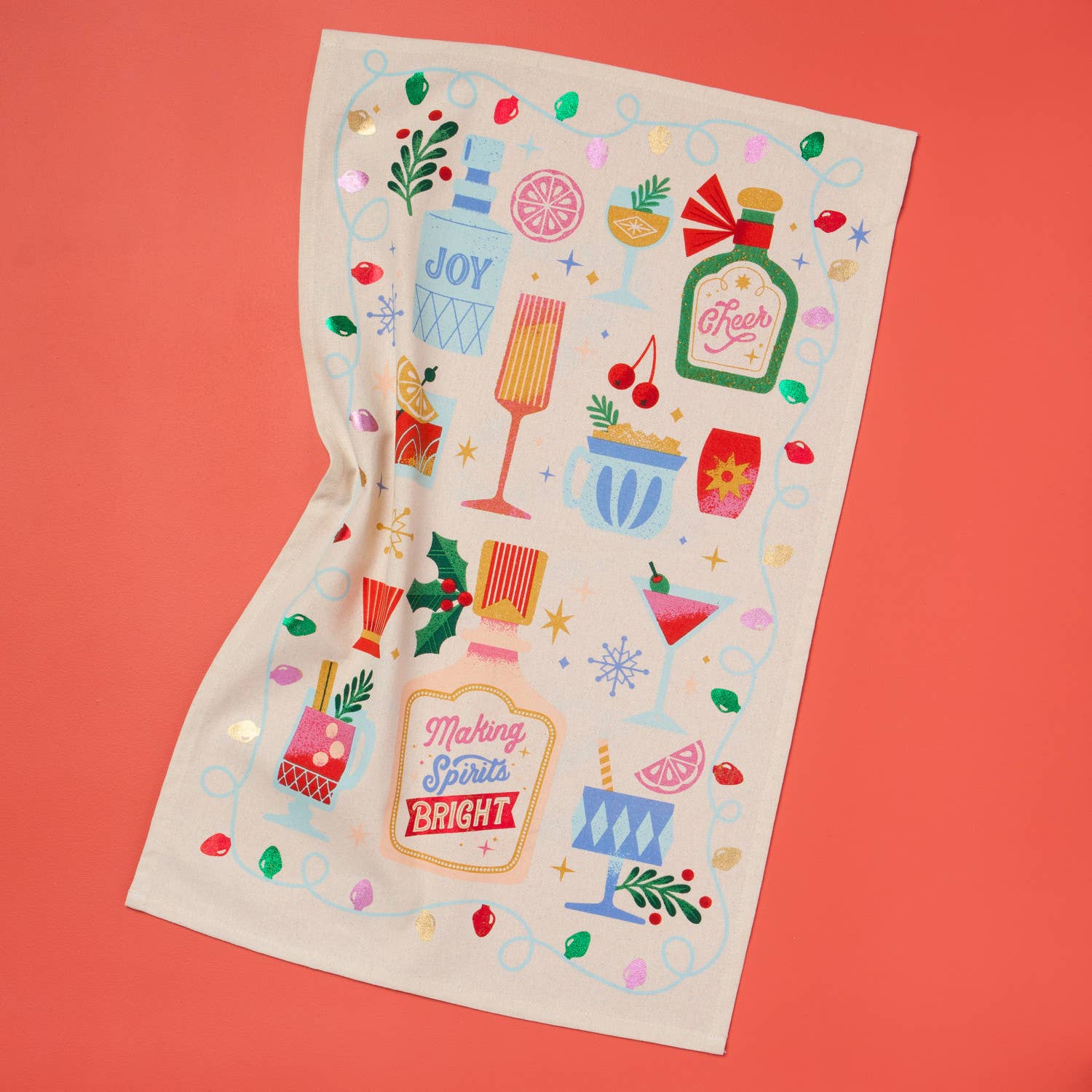 Spirits Bright Christmas Decorative Dishtowel in festive red cotton with holiday embroidery, perfect for kitchen decor