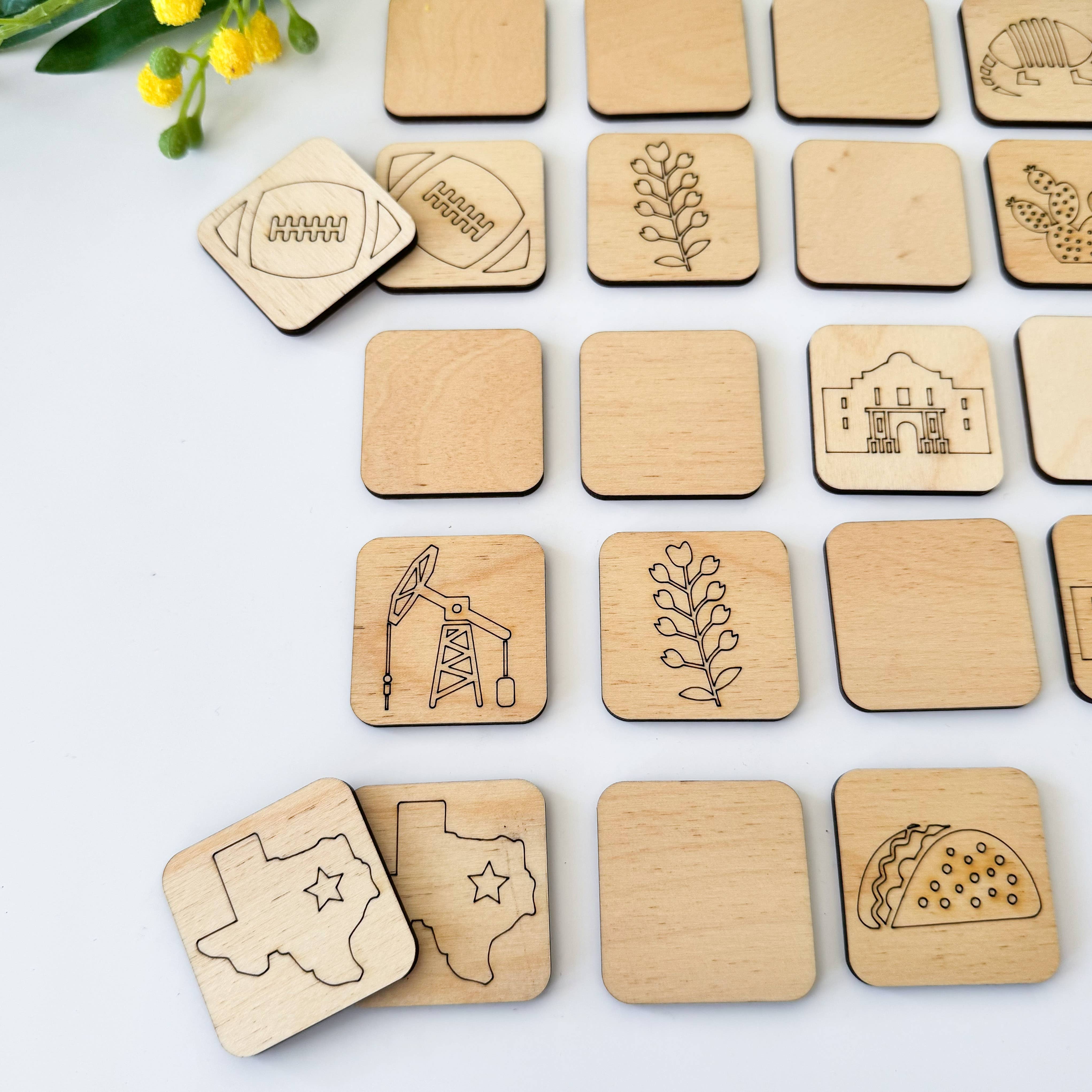 Wooden State Memory Matching Game featuring Texas landmarks, durable brainteaser puzzle for all ages