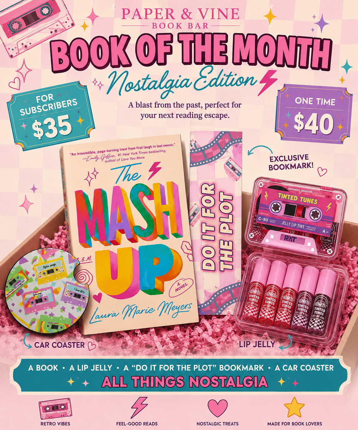 Promotional graphic for a Paper & Vine Book Bar subscription offering 'Book of the Month: Nostalgia Edition'. The image showcases a curated package containing 'The Mash Up' book by Laura McCray, a pink lip jelly set, a 'Do It For The Plot' bookmark, and a retro-themed car coaster, all arranged in pink paper shred.