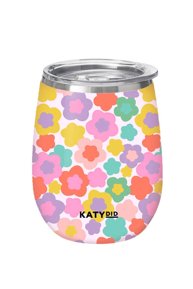 Groovy Multicolored Flowers Wine Tumbler: Light Pink