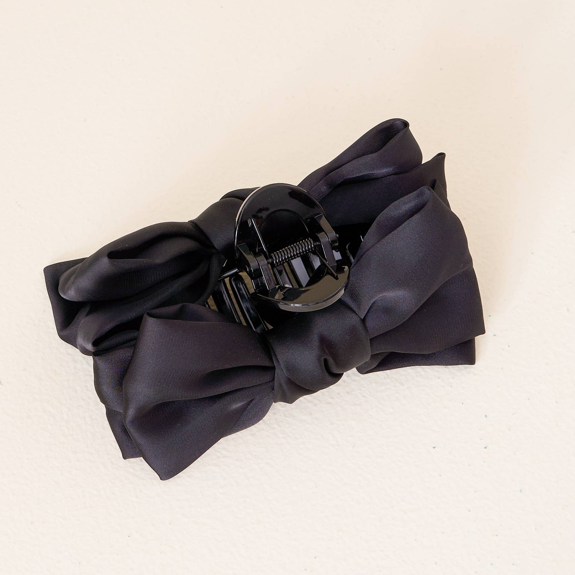 Black Satin Bow Claw Clip for elegant hairstyles, durable large-size grip, perfect for thick hair