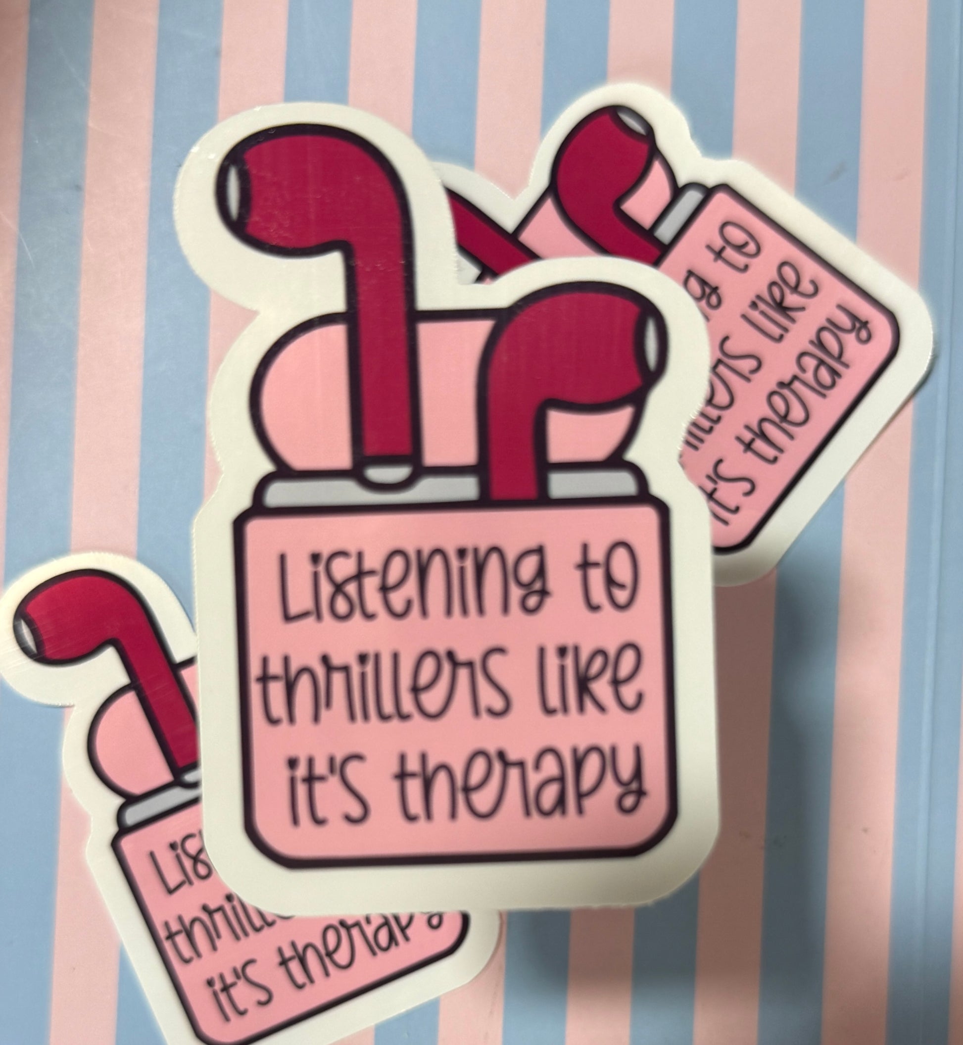 Buy waterproof Listening Thriller Therapy Sticker, vinyl decal, black and white, for laptop and water bottle, 3x3 inches