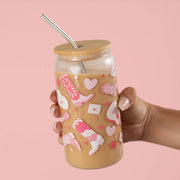 Howdy Cowgirl Western Glass Can with pink floral design, 16oz durable drinking glass, perfect for country-themed kitchen d...