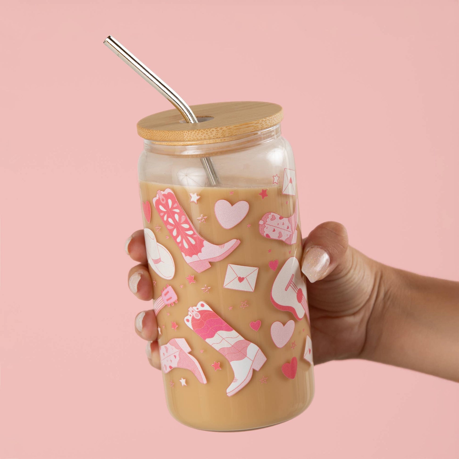 Howdy Cowgirl Western Glass Can with pink floral design, 16oz durable drinking glass, perfect for country-themed kitchen d...