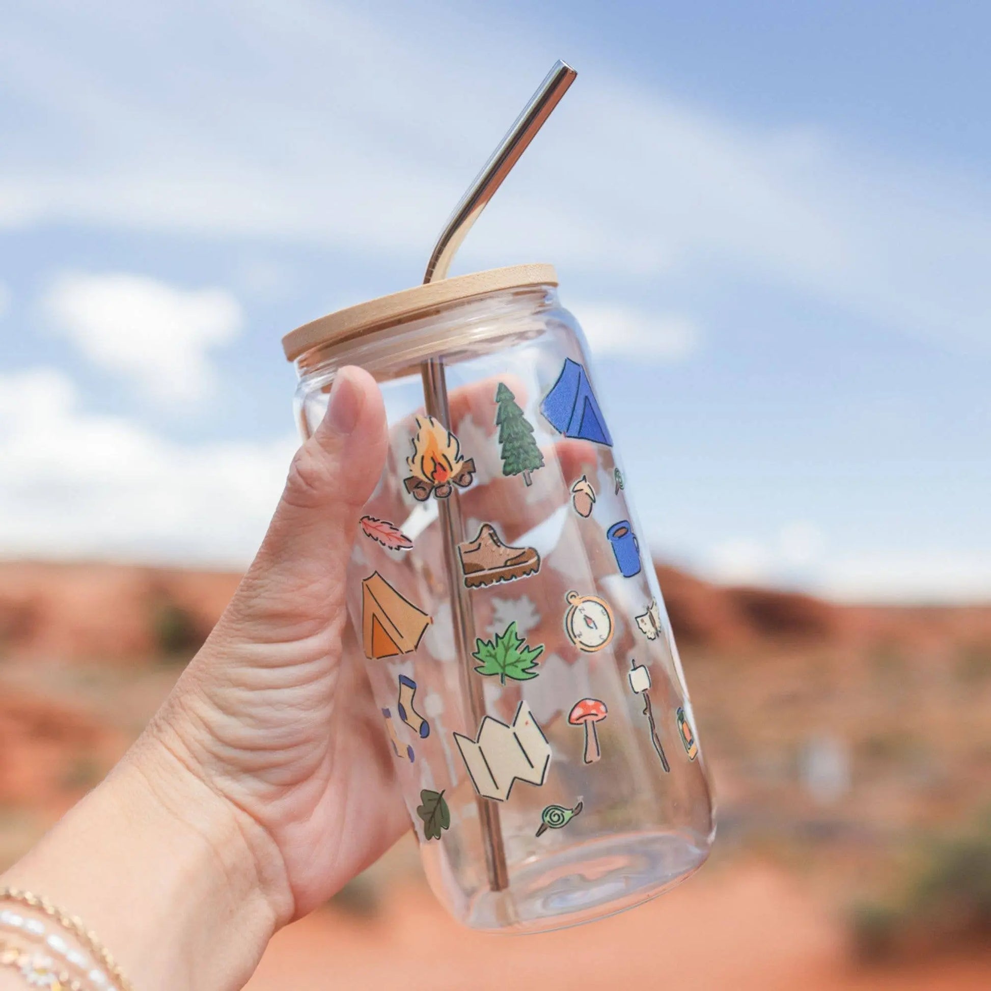 Buy Camping Icons Glass Can, 16oz clear drinking glass with outdoor motifs, perfect for campers and hikers