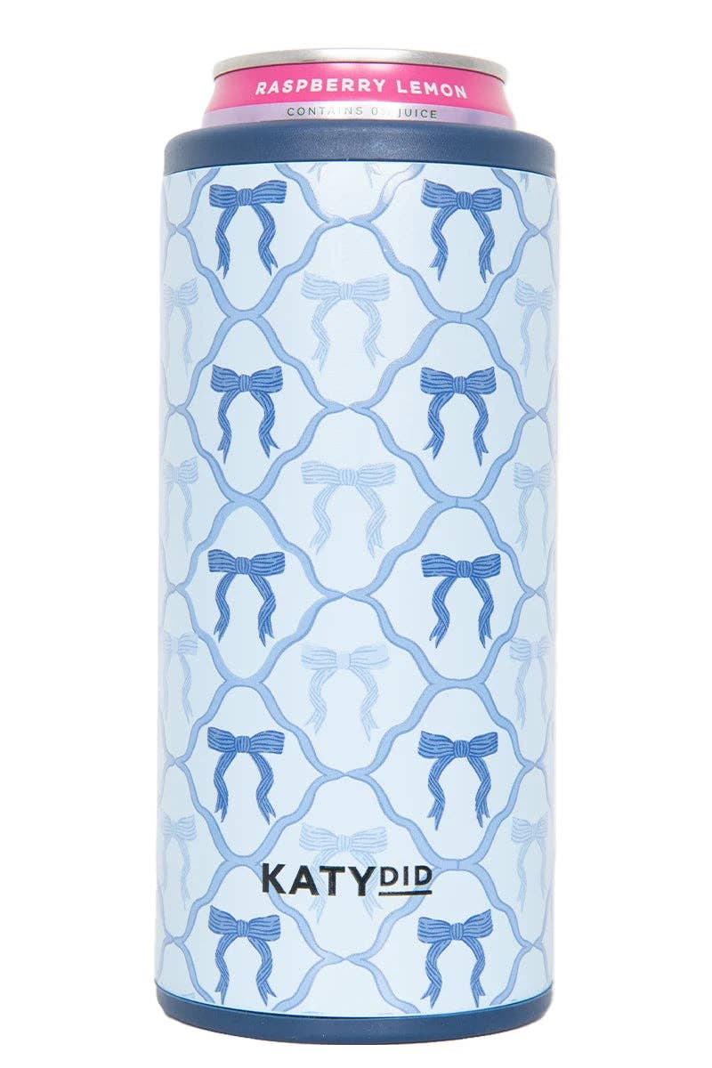 Blue Coquette Bows Slim Can Koozie in Light Blue - slim can sleeve with bow accents