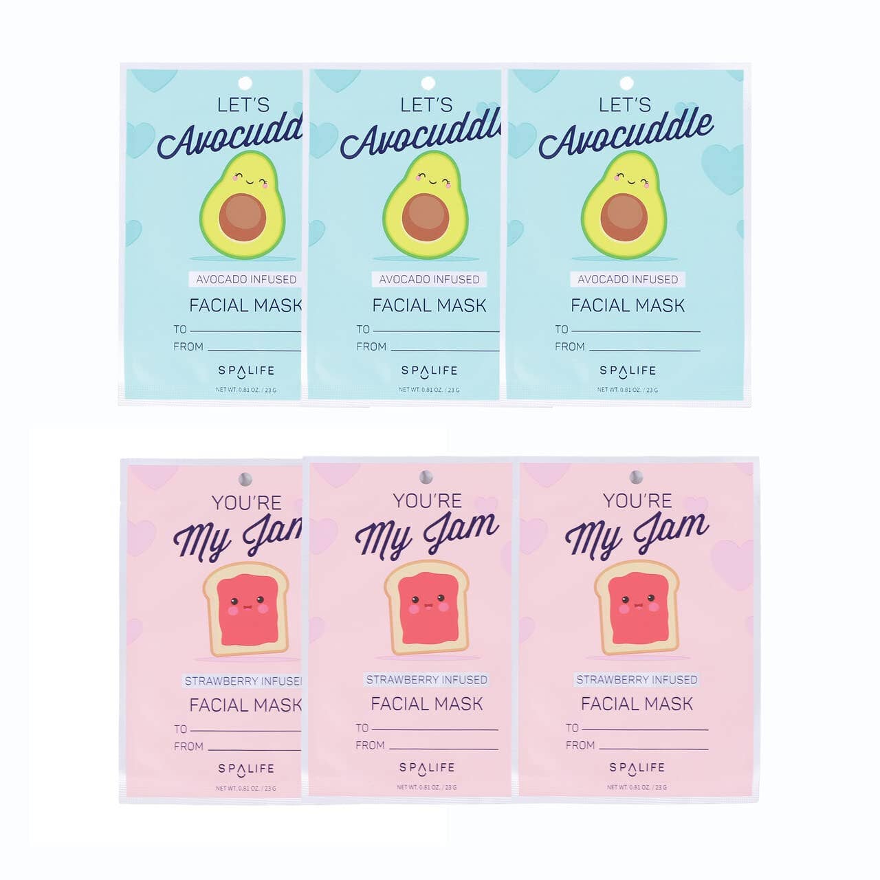 Valentine's face mask set: You're My Jam & Let's Avocuddle, 6-pack romantic masks.