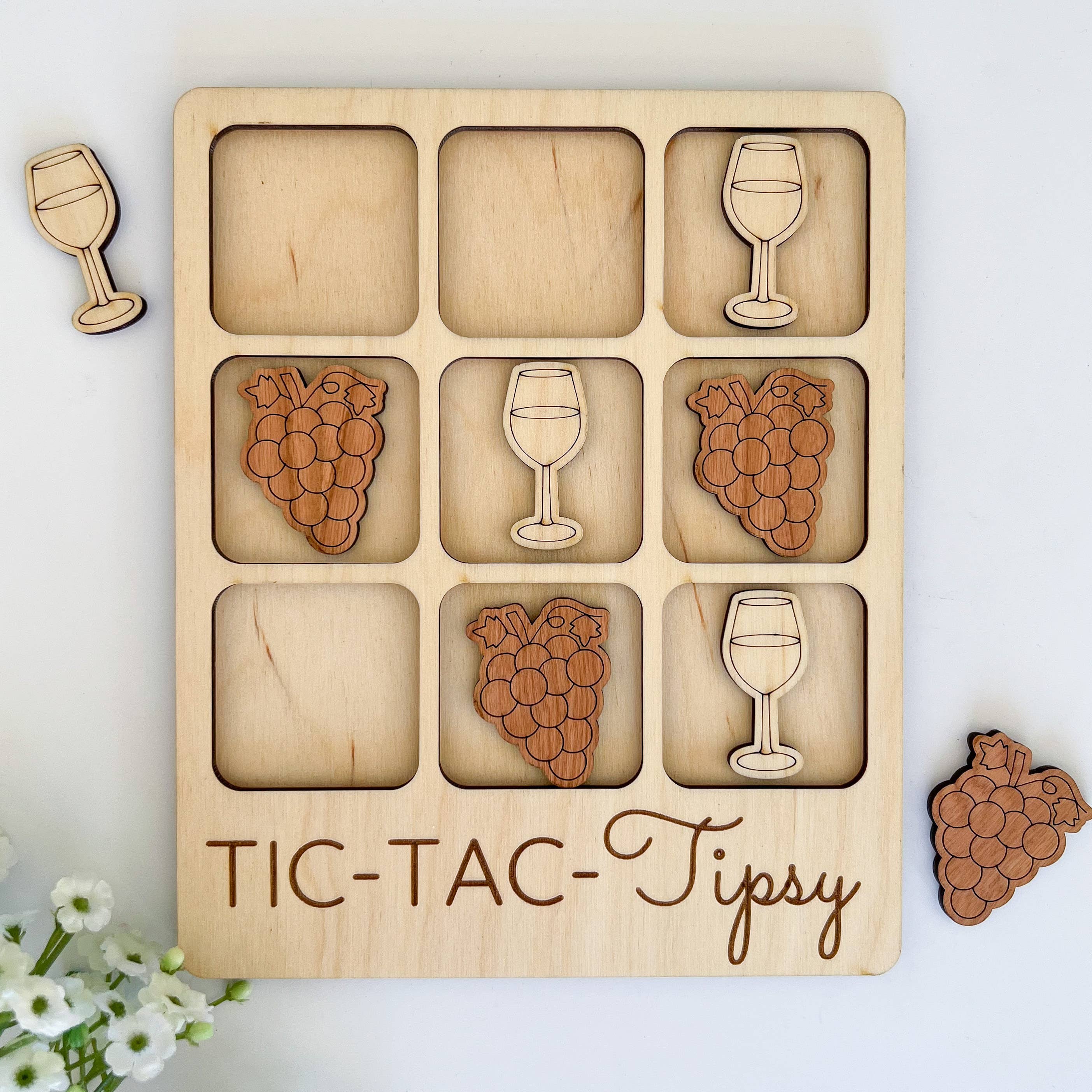 Wine Tic-Tac-Toe Game, Tipsy Party Game with customizable wine glass and grape pieces, perfect for entertaining guests.