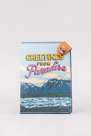 Getaway Passport Holder - Greetings from Paradise design; RFID-protected travel wallet for passport and cards.