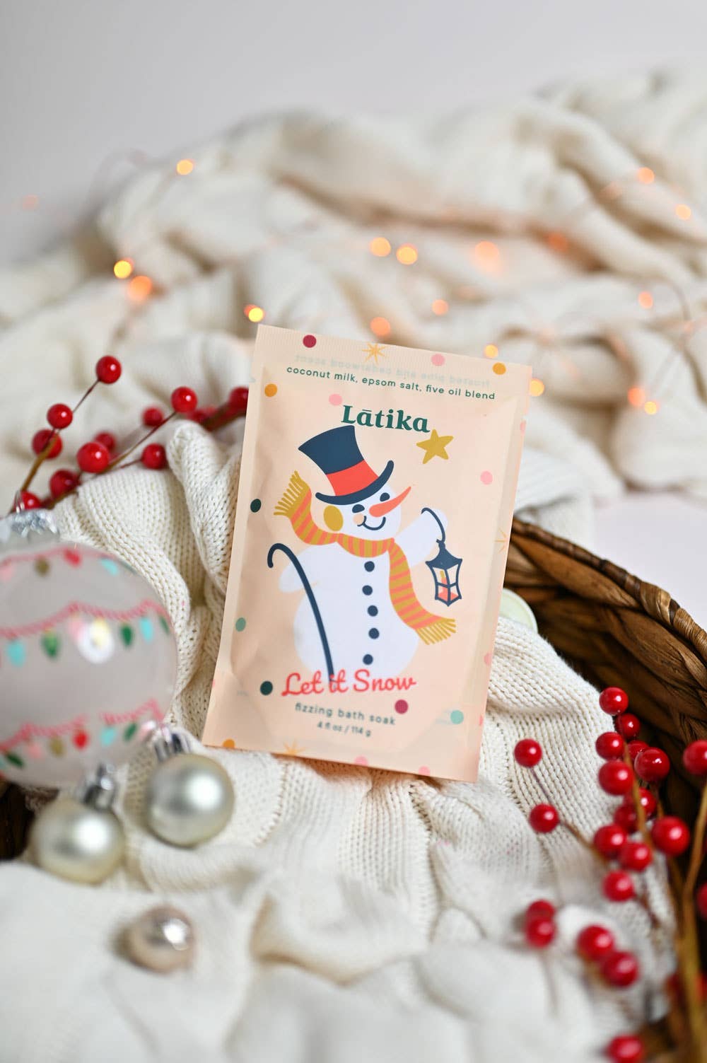 Snow Bath Soak - Christmas Stocking stuffer, festive peppermint scent, white effervescent bath salts in holiday packaging