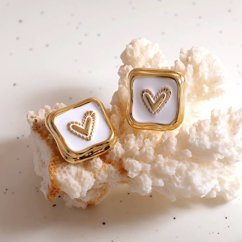 White Square Heart Earrings