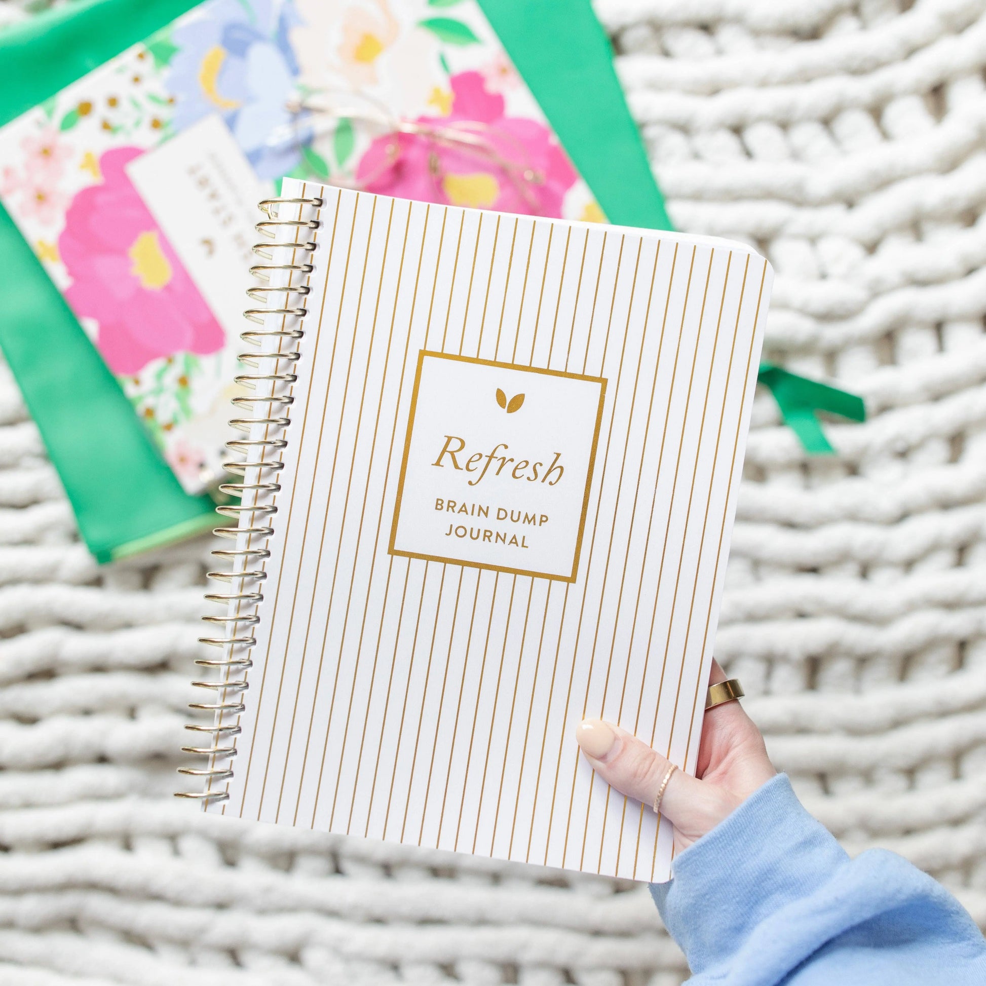 Brain Dump Journal with Gold Stripes by Refresh, A5 size, hardcover, lined pages for productivity and organization