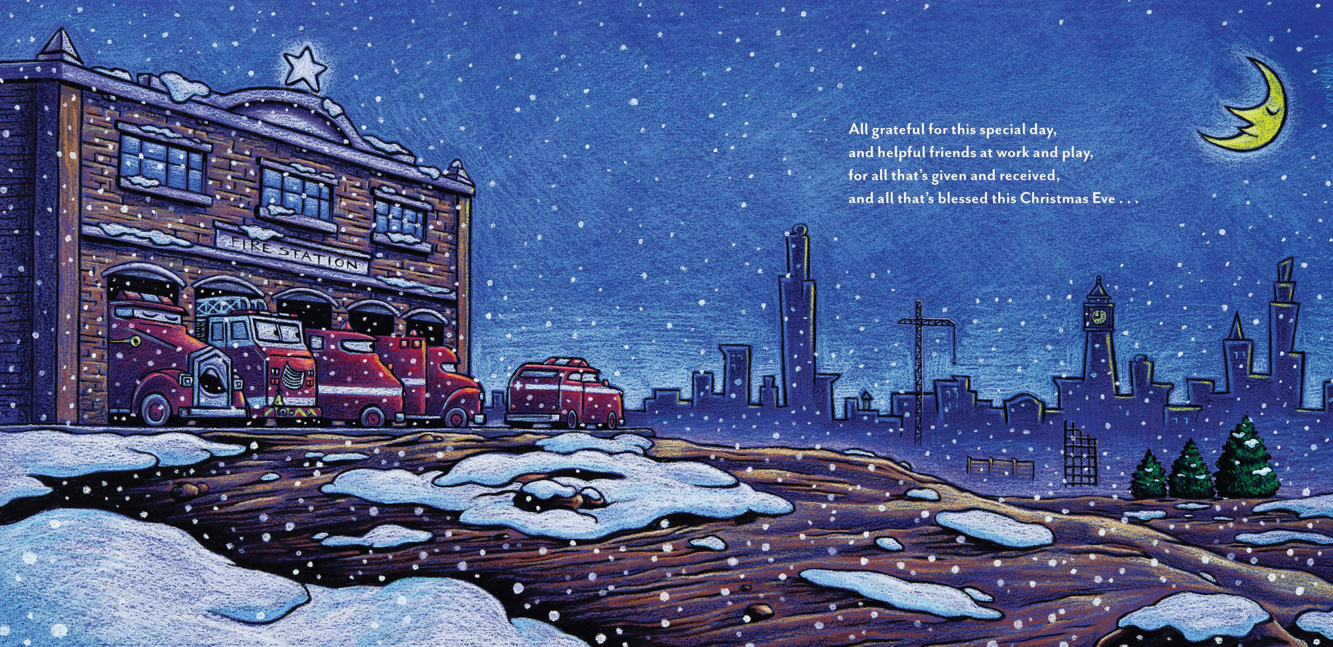 Construction Site on Christmas Night book, colorful illustrated children's story, holiday gift idea
