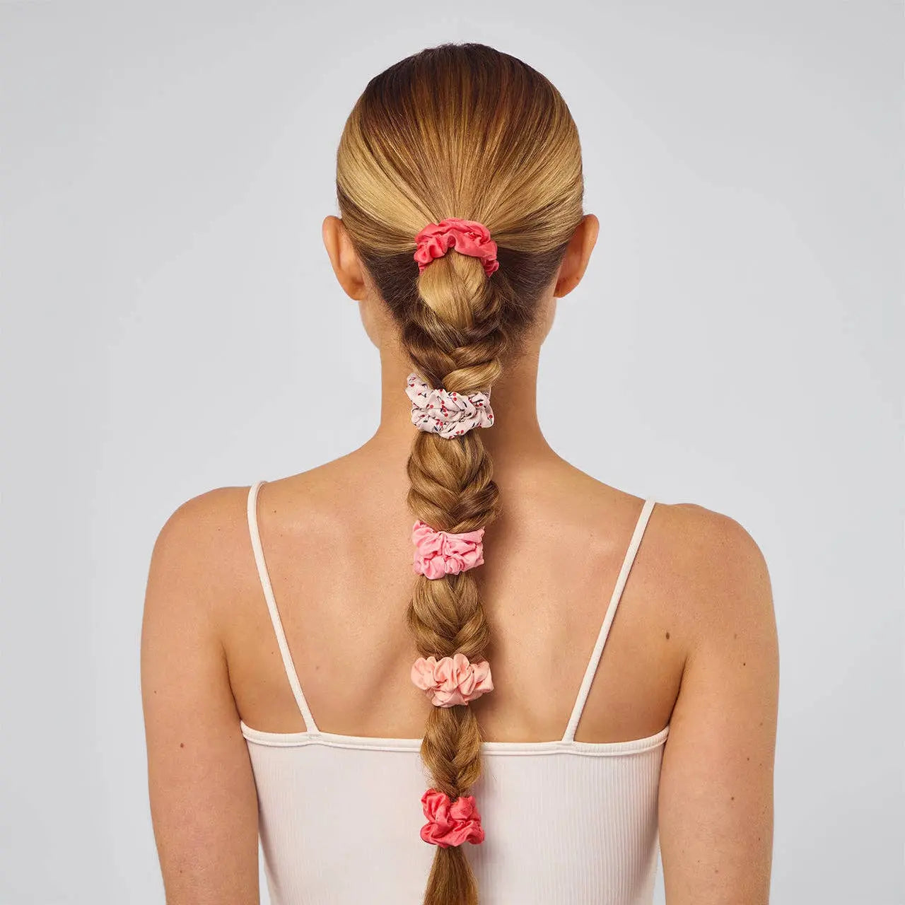 Ruched Satin Scrunchies 5pc Set in Assorted Cherry Blossom colors, silk-like hair accessories for stylish updos
