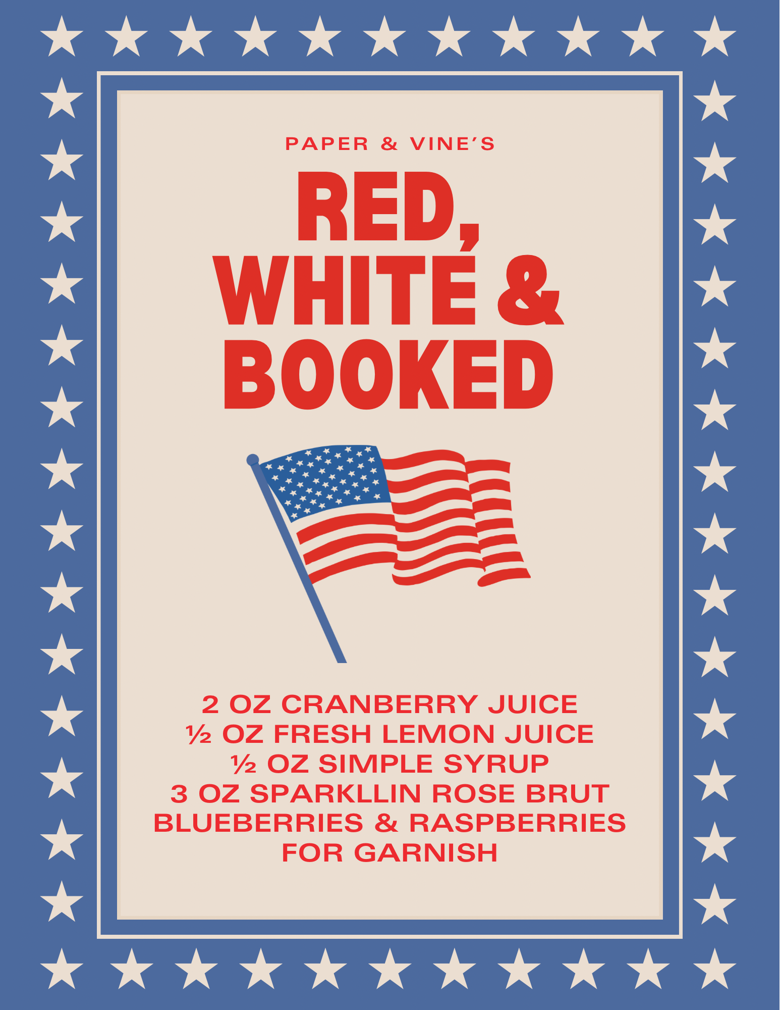 Recipe card for a drink called 'Red, White & Booked' with an American flag design on a blue border with stars.