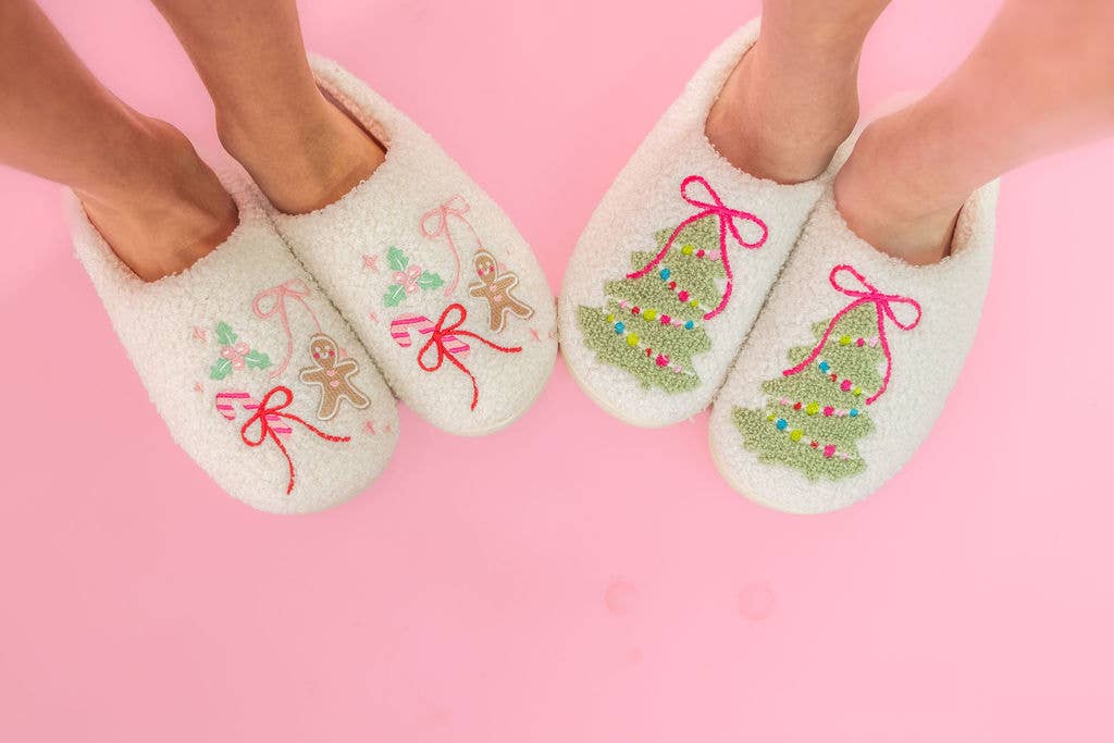 Pink Bow Christmas Tree Slippers for adults in small size, cozy fleece material, perfect holiday gift idea