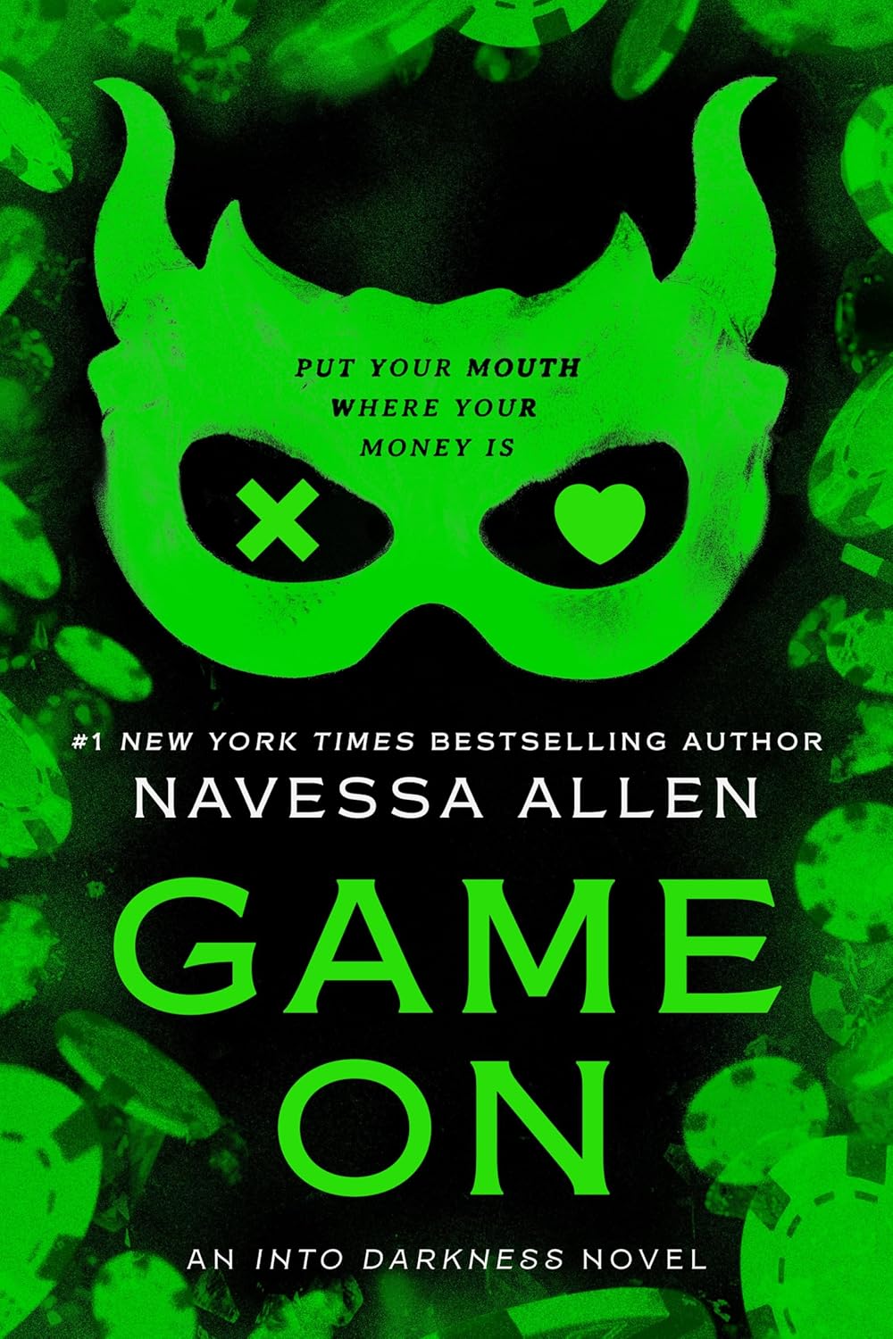 Book cover of 'Game On' by Navessa Allen with a green mask design on a dark background.