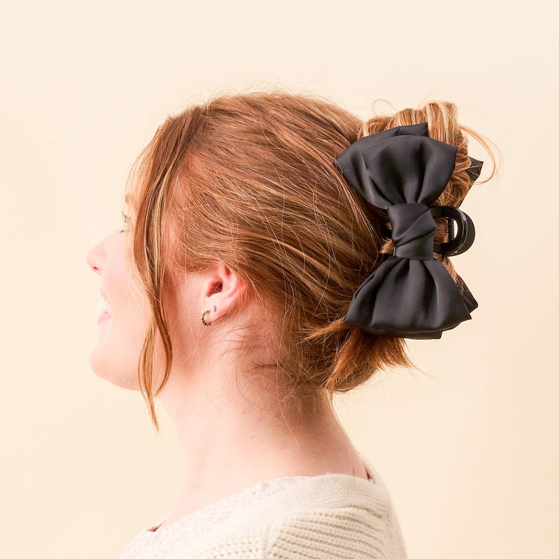 Black Satin Bow Claw Clip for elegant updos, durable hair accessory, perfect for thick hair